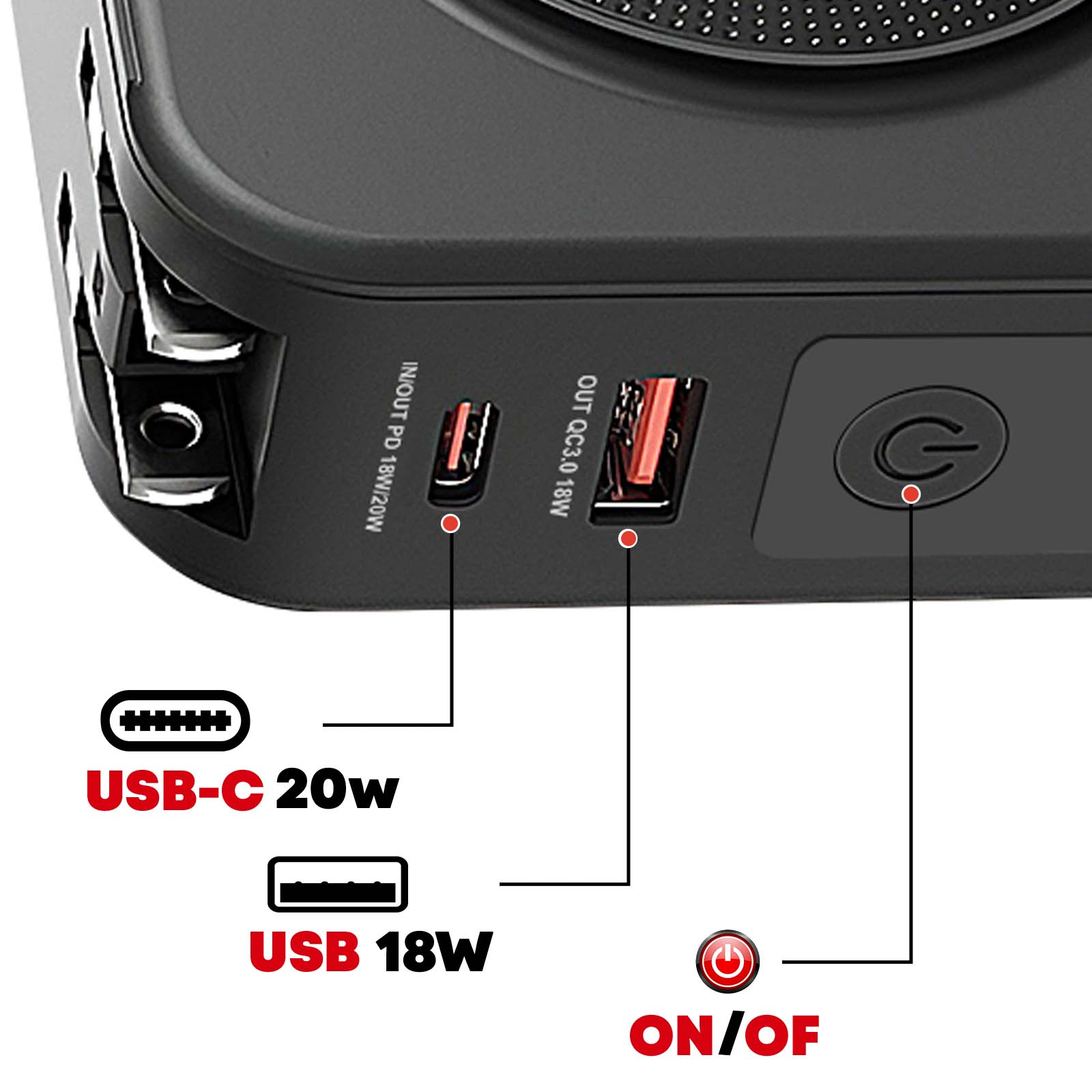 Cargador negro con puertos USB-C y USB-A, de 20W y 18W.