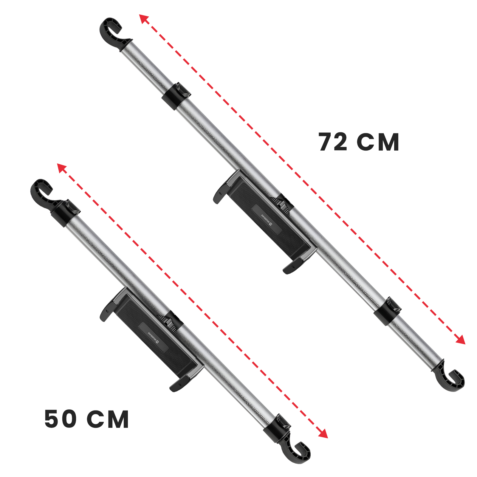 Due aste estensibili, lunghe 72 cm e 50 cm, con ganci.