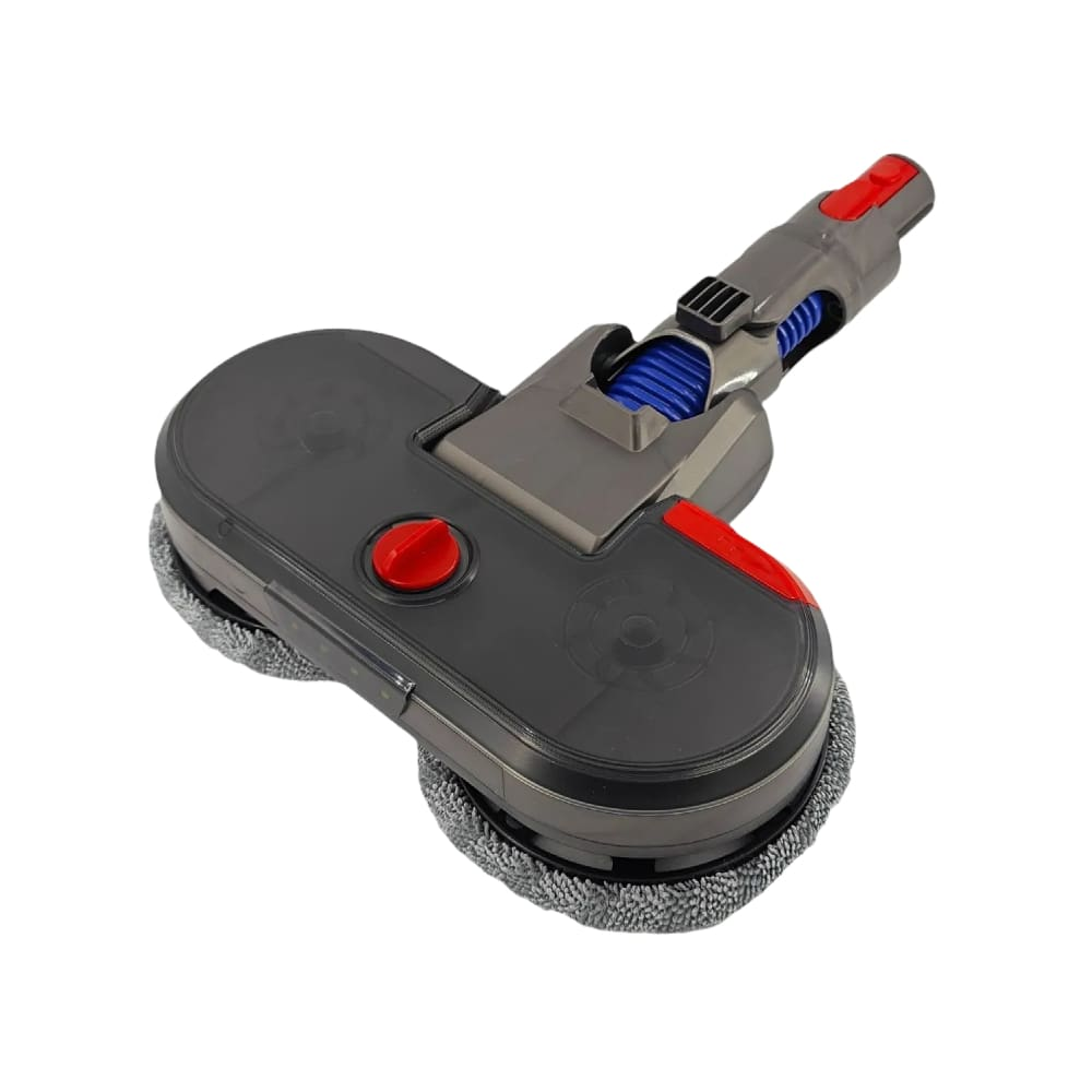 Ein grauer Dyson-Wischaufsatz mit roten und blauen Akzenten auf weißem Hintergrund.