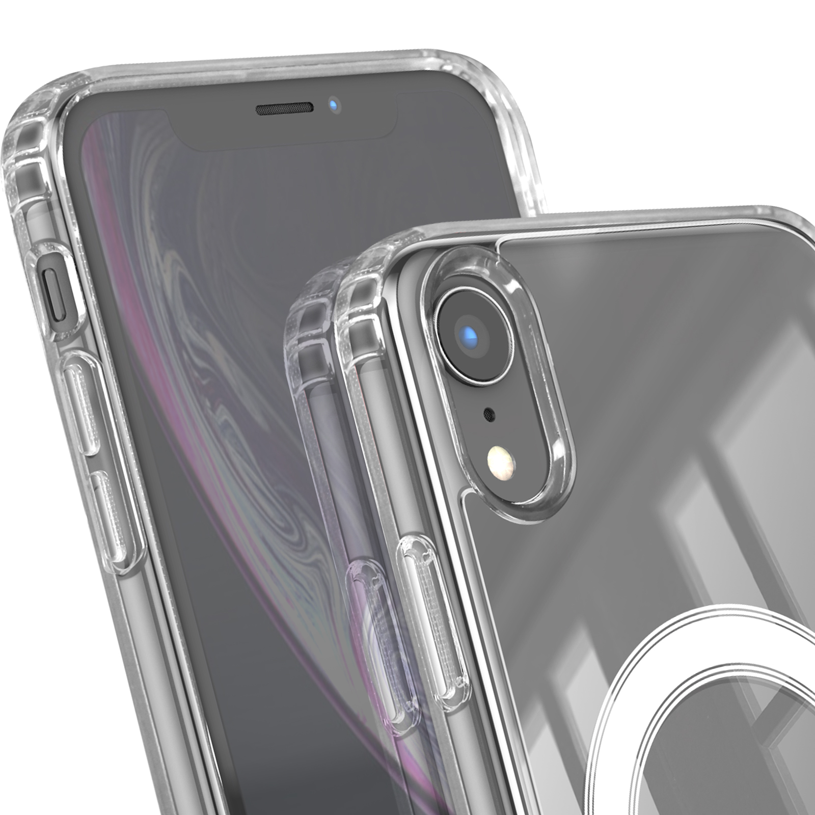 Twee doorzichtige telefoonhoesjes close-up van camera's en knoppen.