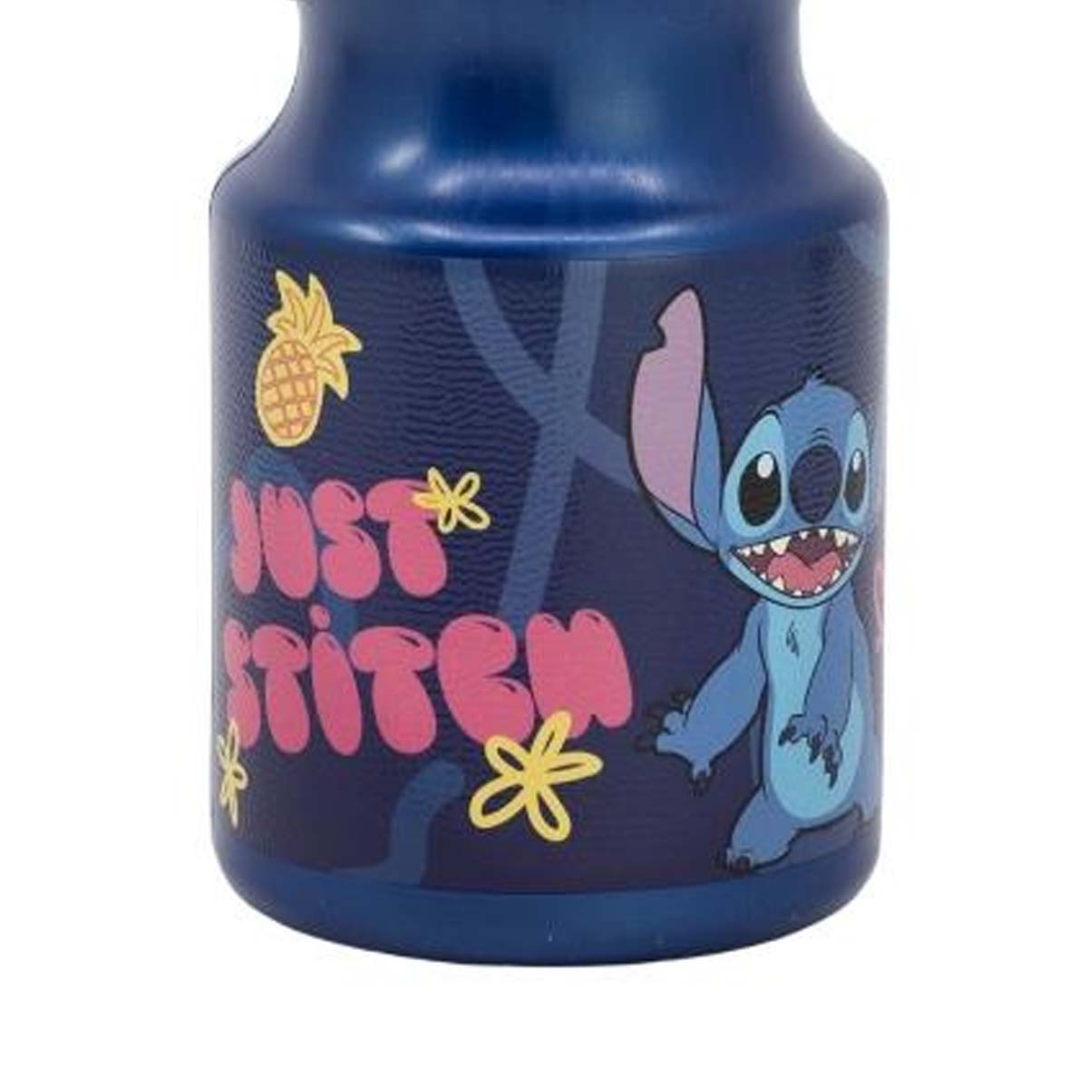 Una tazza blu con Stitch e la scritta "Just Stitch".