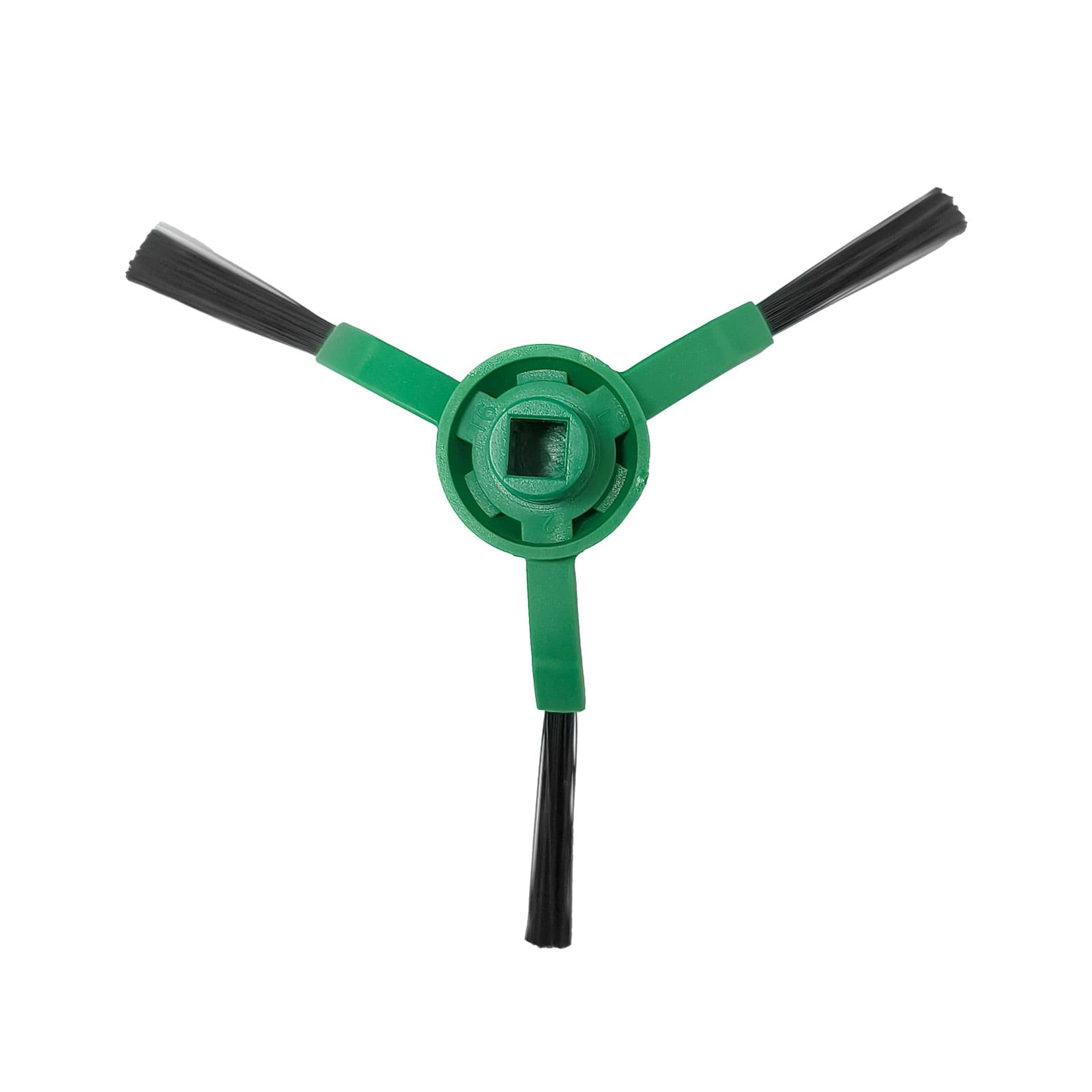 Grüne Roboterbürste mit drei schwarzen Borstenarmen und mittigem Quadratloch.