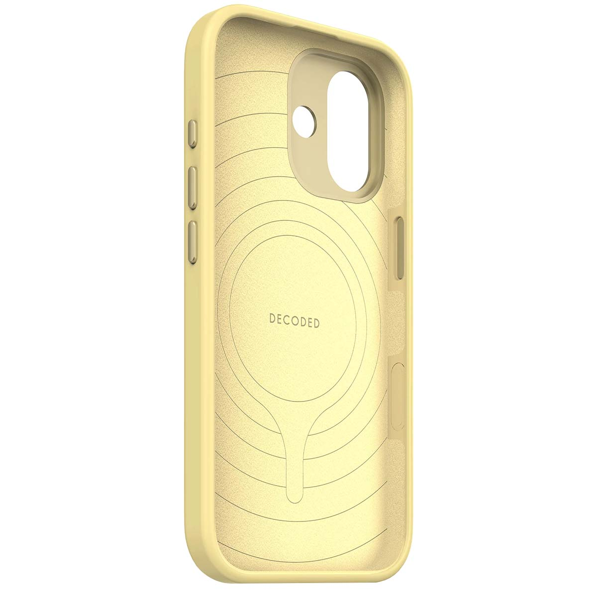 Custodia gialla chiara per telefono con ritagli per pulsanti e fotocamera. Interno a righe.
