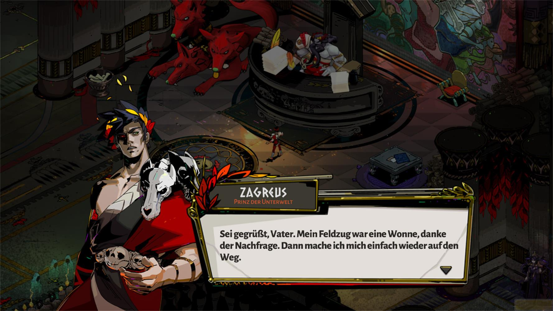 Zagreus con mantello rosso e cintura di teschi parla a suo padre.