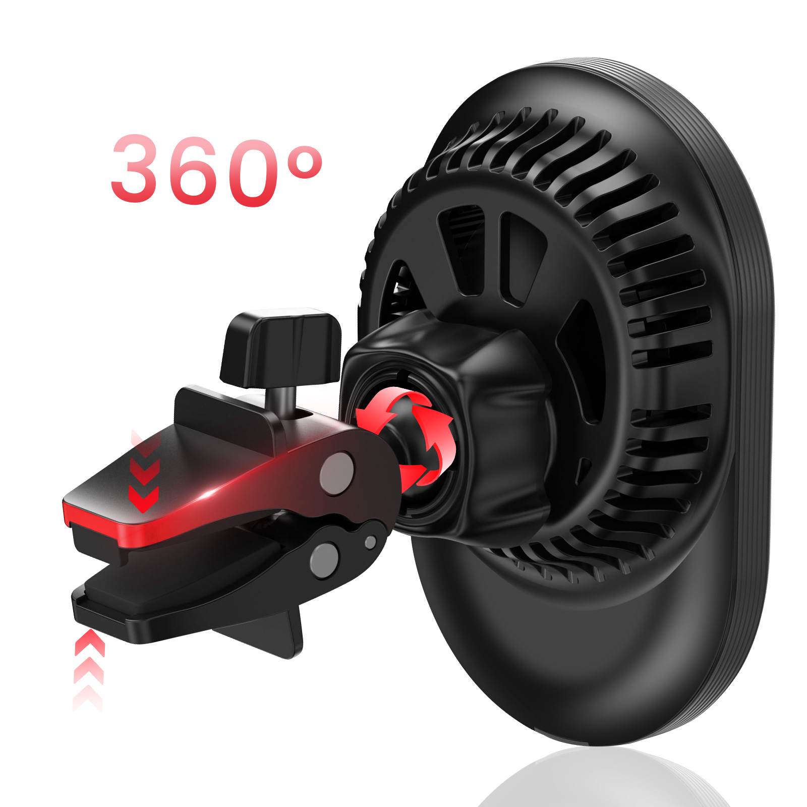 Supporto nero per bocchetta auto con frecce rosse rotazione 360°.