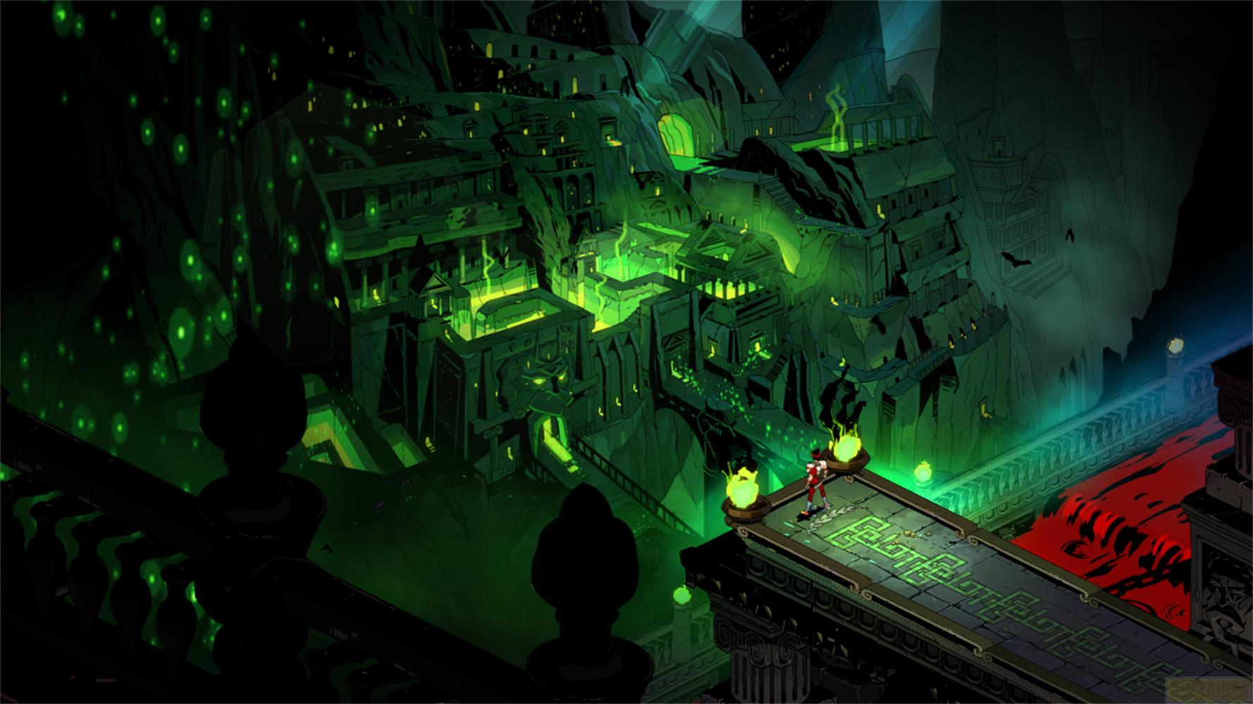 Una città oscura con illuminazione verde e una figura su un ponte sopra il rosso.
