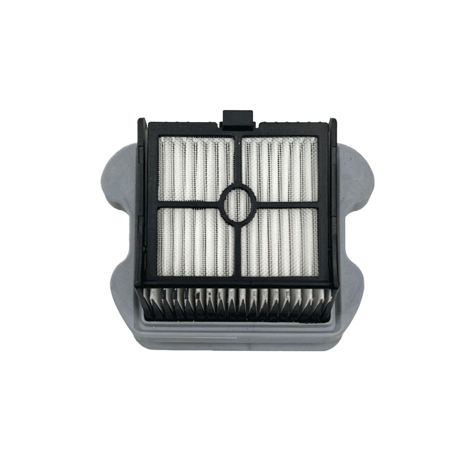 Grauer Filter mit schwarzem Rahmen und weißen Lamellen.