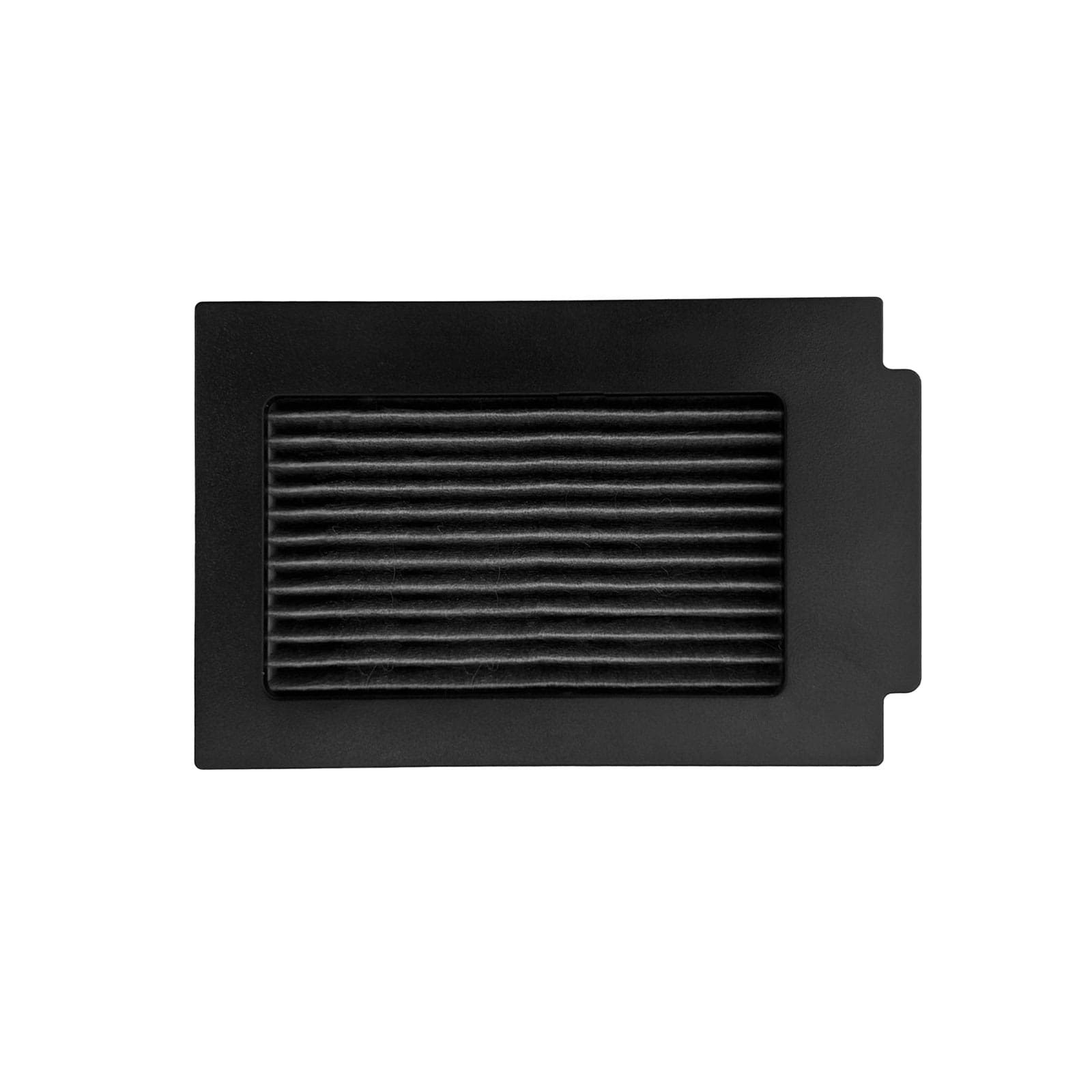 Schwarzer Luftfilter mit horizontalen Lamellen in einem rechteckigen Gehäuse.
