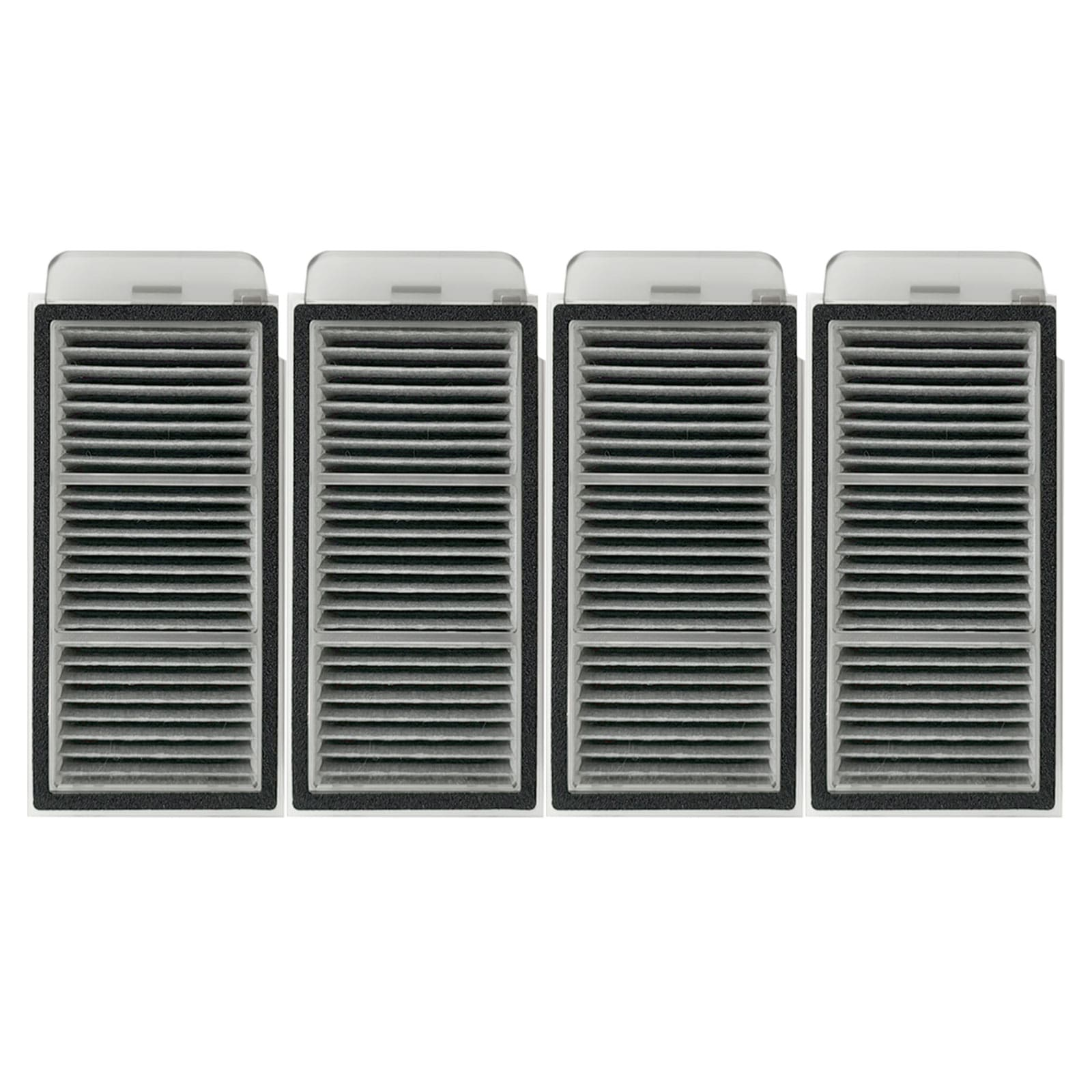 Vier graue Luftfilter mit Lamellen und schwarzem Rand.