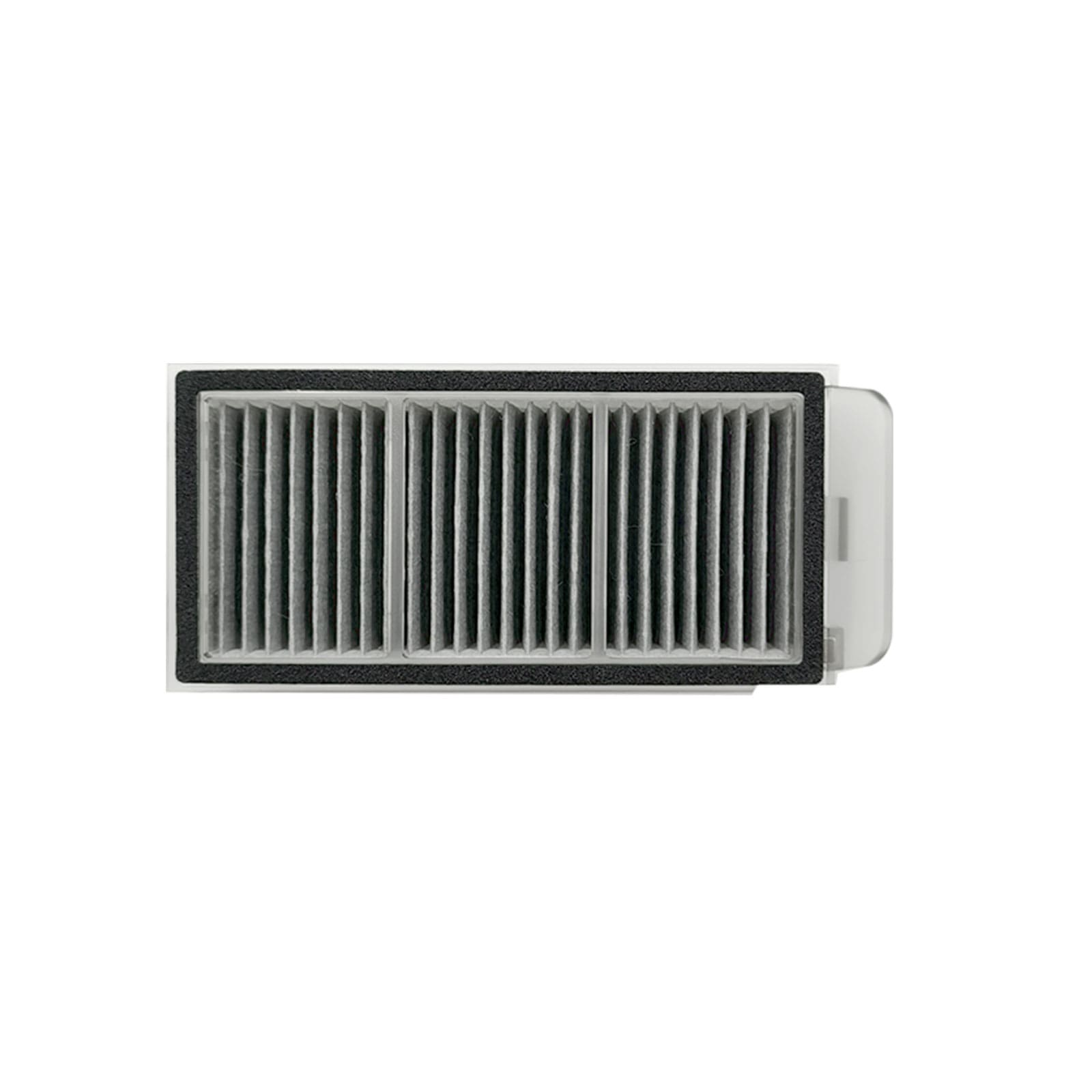 Grauer Luftfilter mit Falten und schwarzem Rahmen auf weißem Hintergrund.
