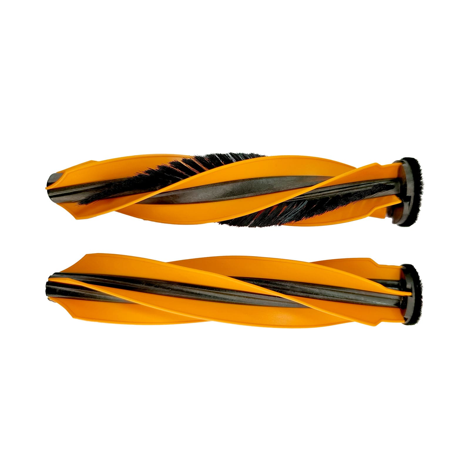 Zwei orangefarbene Bürstenwalzen mit schwarzen Borsten nebeneinander auf weißem Hintergrund.