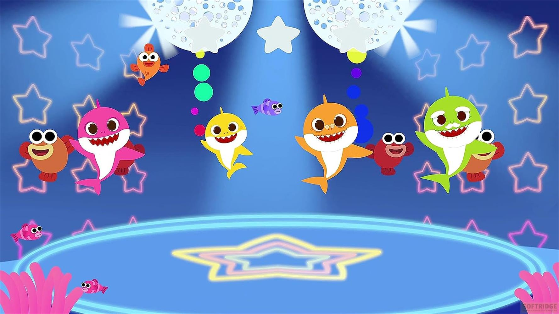 Des requins et poissons colorés de dessin animé dansent sur scène.