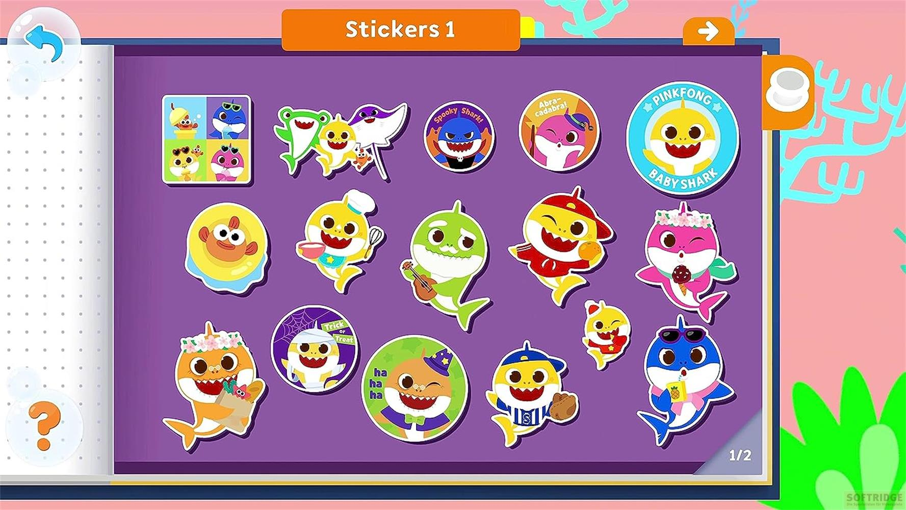 Autocollants colorés Baby Shark sur fond violet. Divers personnages déguisés.