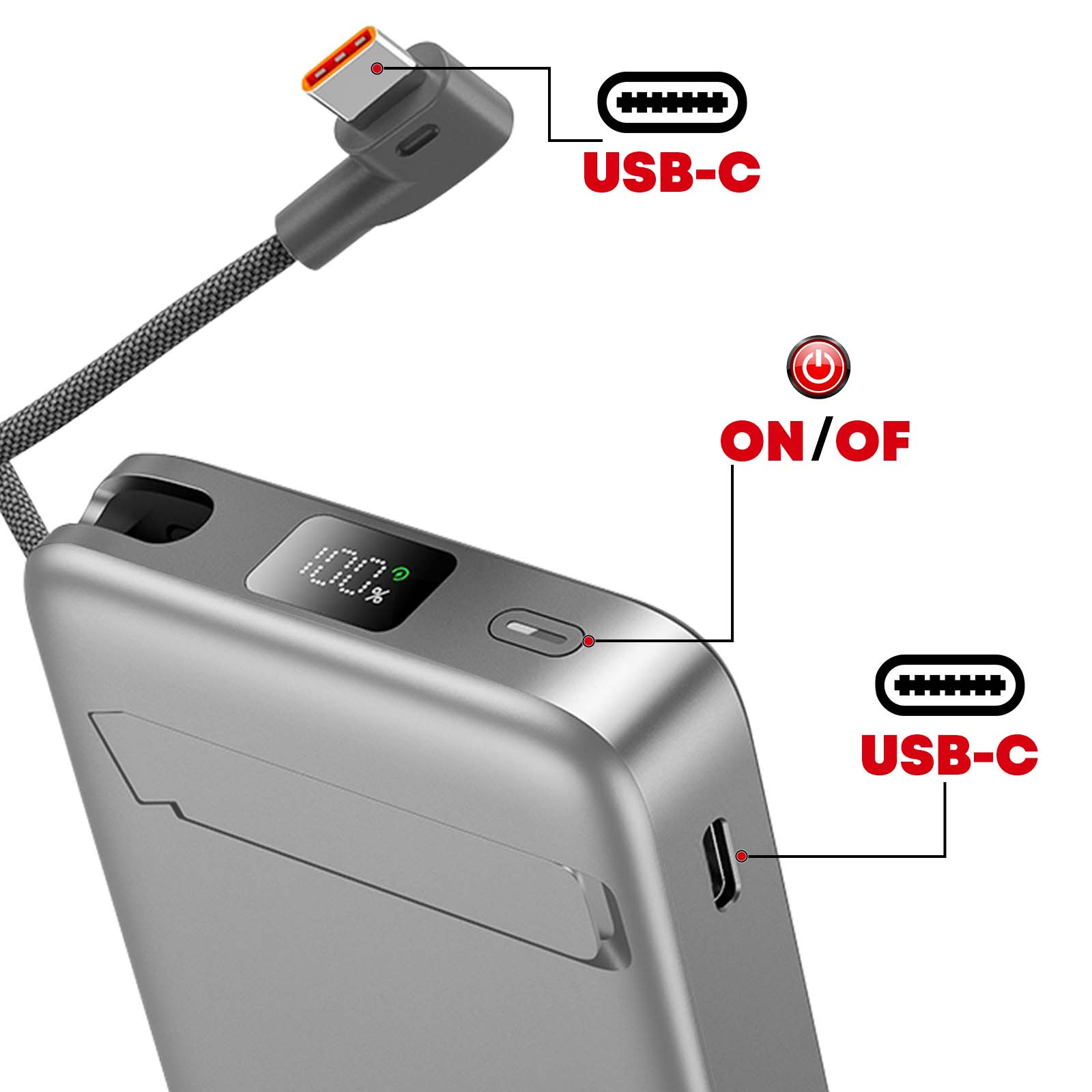 Graues Powerbank mit USB-C-Anschluss, Display mit 100% und Ein/Aus-Taste.