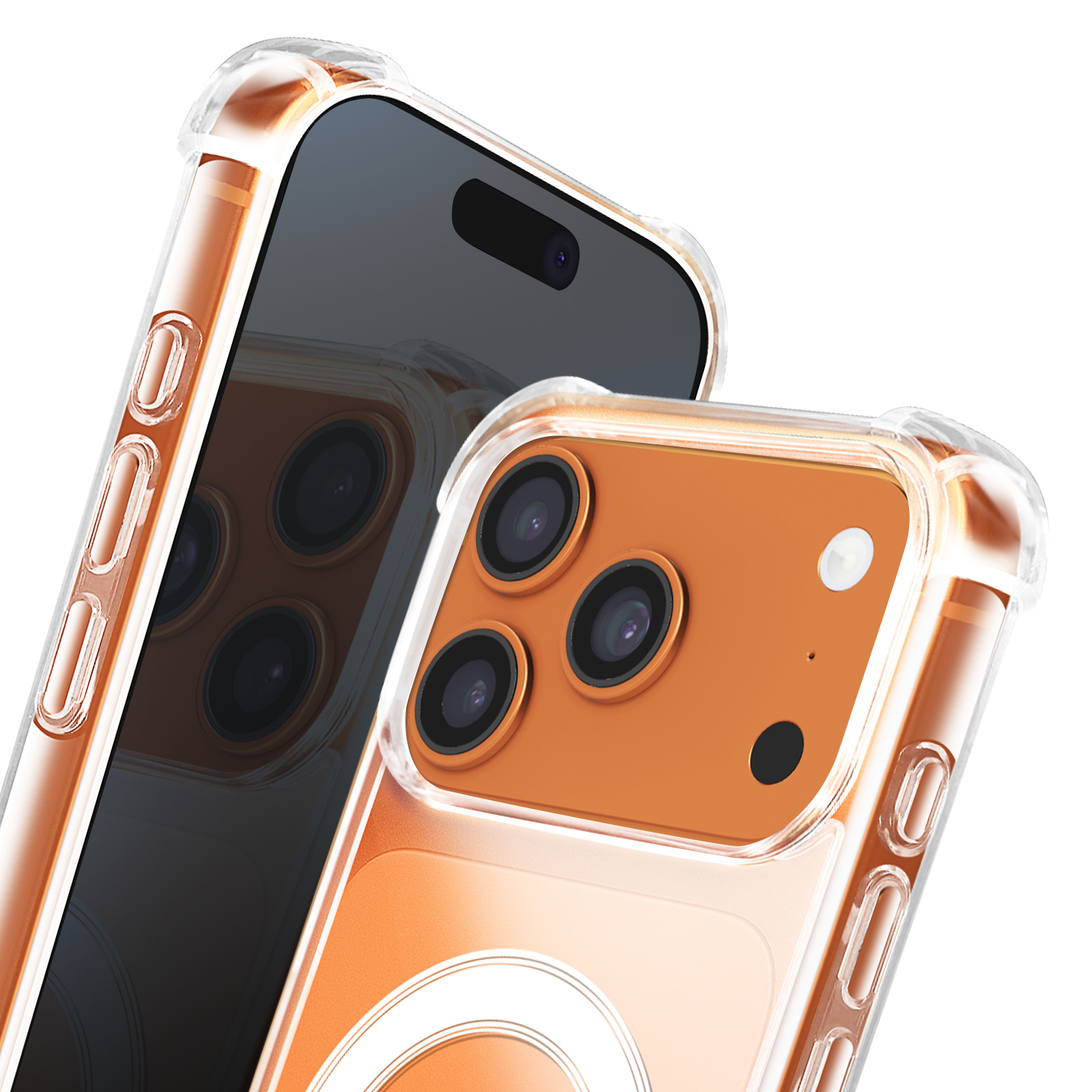 Zwei durchsichtige Hüllen mit orangefarbenen Telefonen, Nahaufnahme der Kameras.