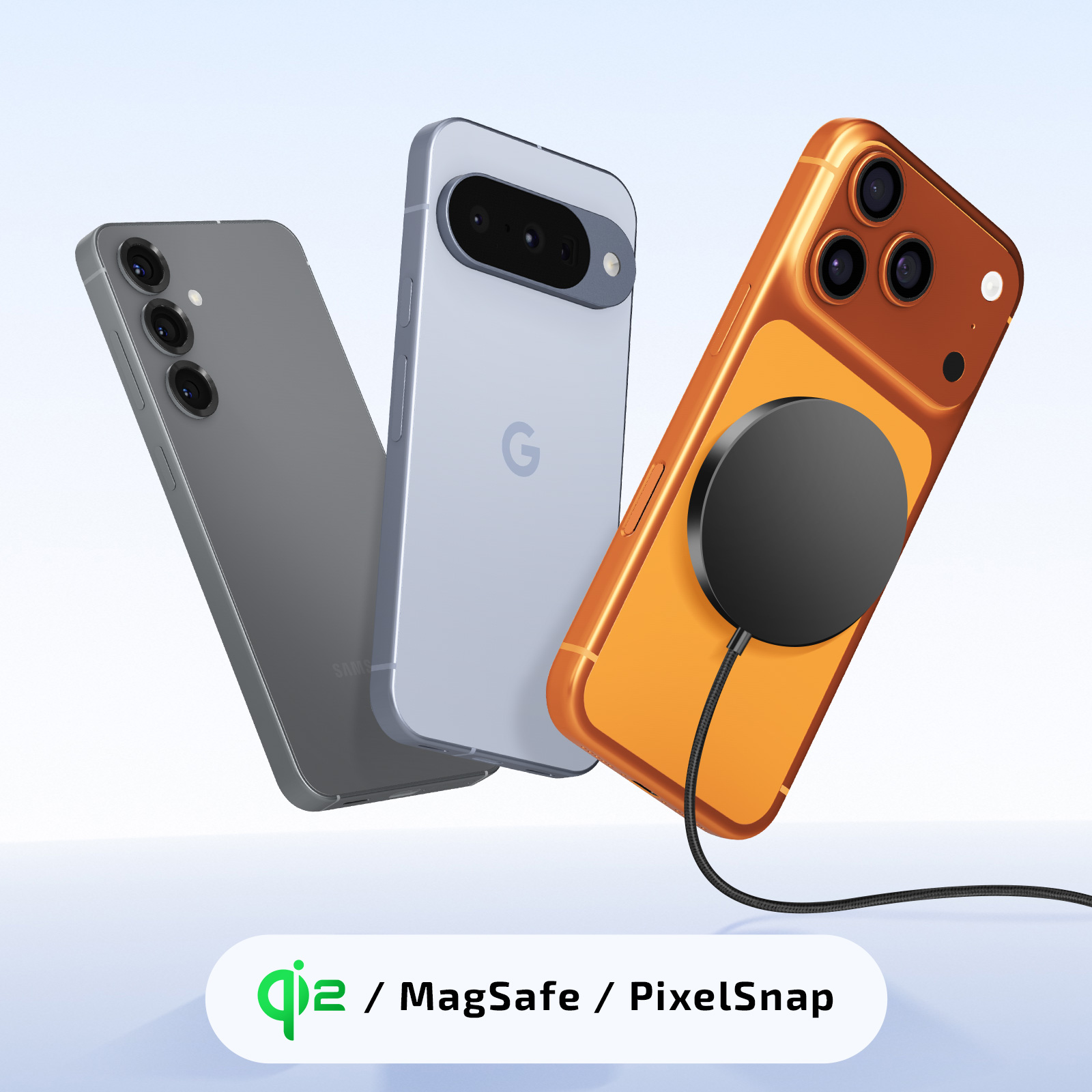 Drei Handys in Grau, Blau und Orange, mit schwarzer Ladeplatte auf dem orangen Handy.