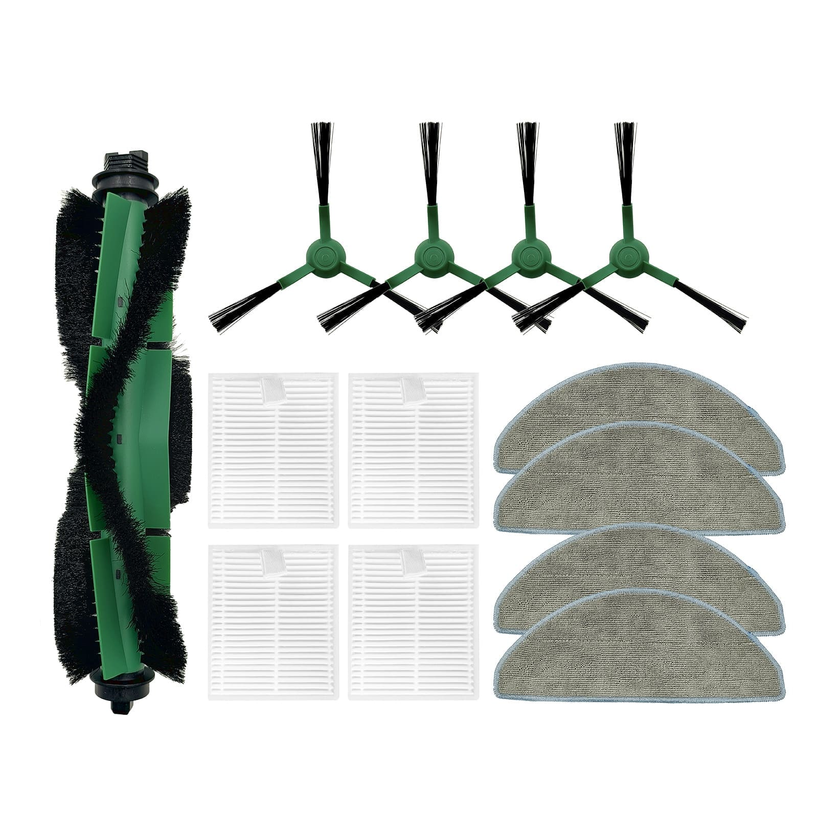 Ein Bürstenkopf, vier Seitenbürsten, vier Filter und sechs Mopppads.