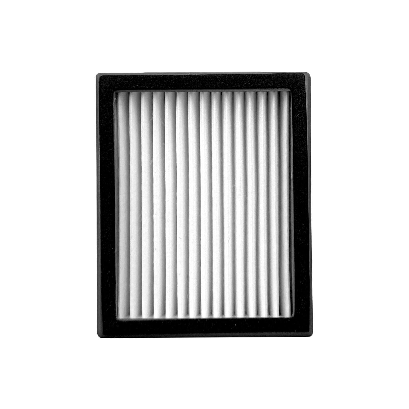 Ein rechteckiger Luftfilter mit einem schwarzen Rahmen und gefalteten weißen Filtermaterial.
