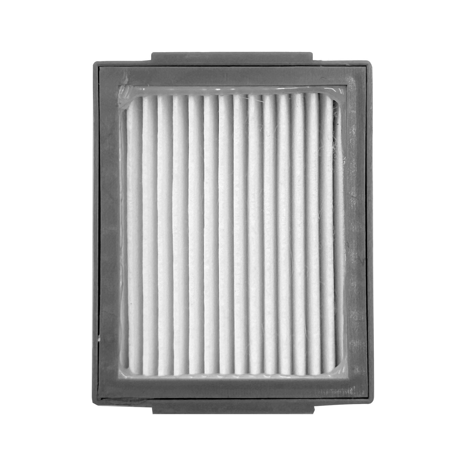 Ein rechteckiger Luftfilter mit Falten aus weißem Material in einem grauen Rahmen.