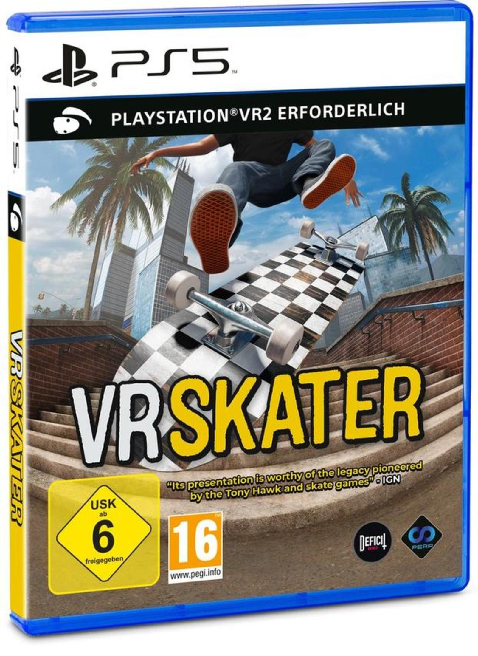 Copertina gioco VR Skater PS5 con skater in aria, palme, grattacieli, USK 6 e PEGI 16.