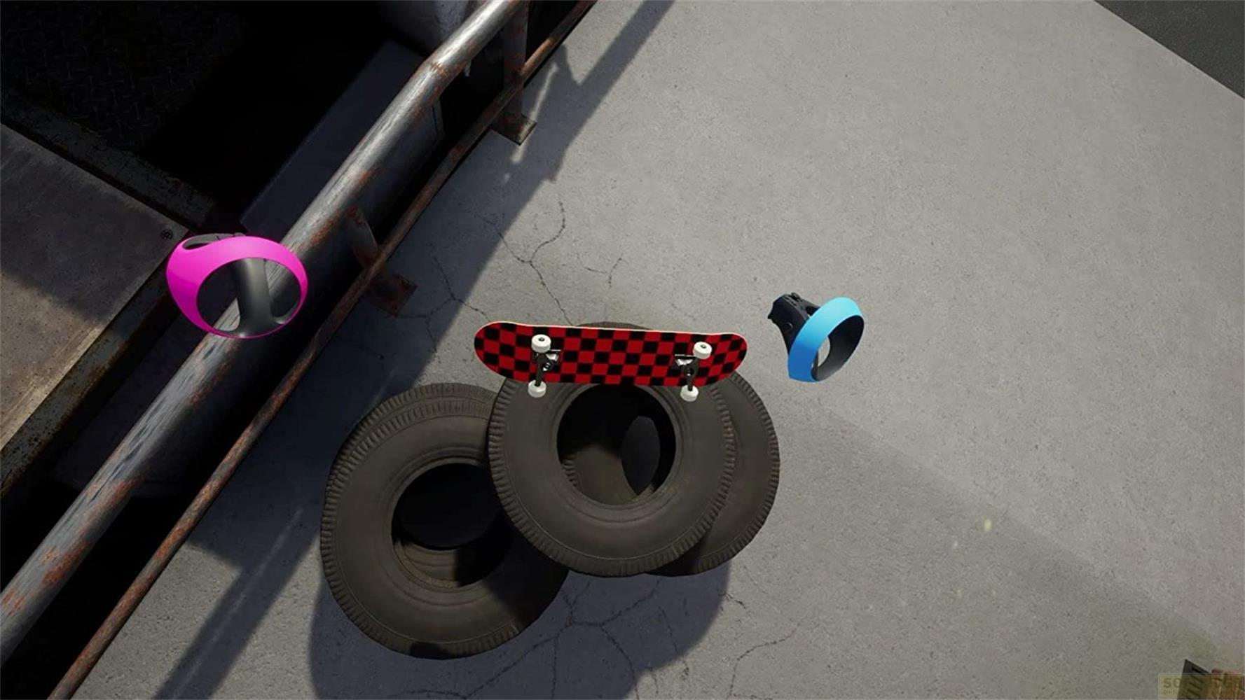 Uno skateboard su pneumatici, con una palla rosa e un controller blu nelle vicinanze.