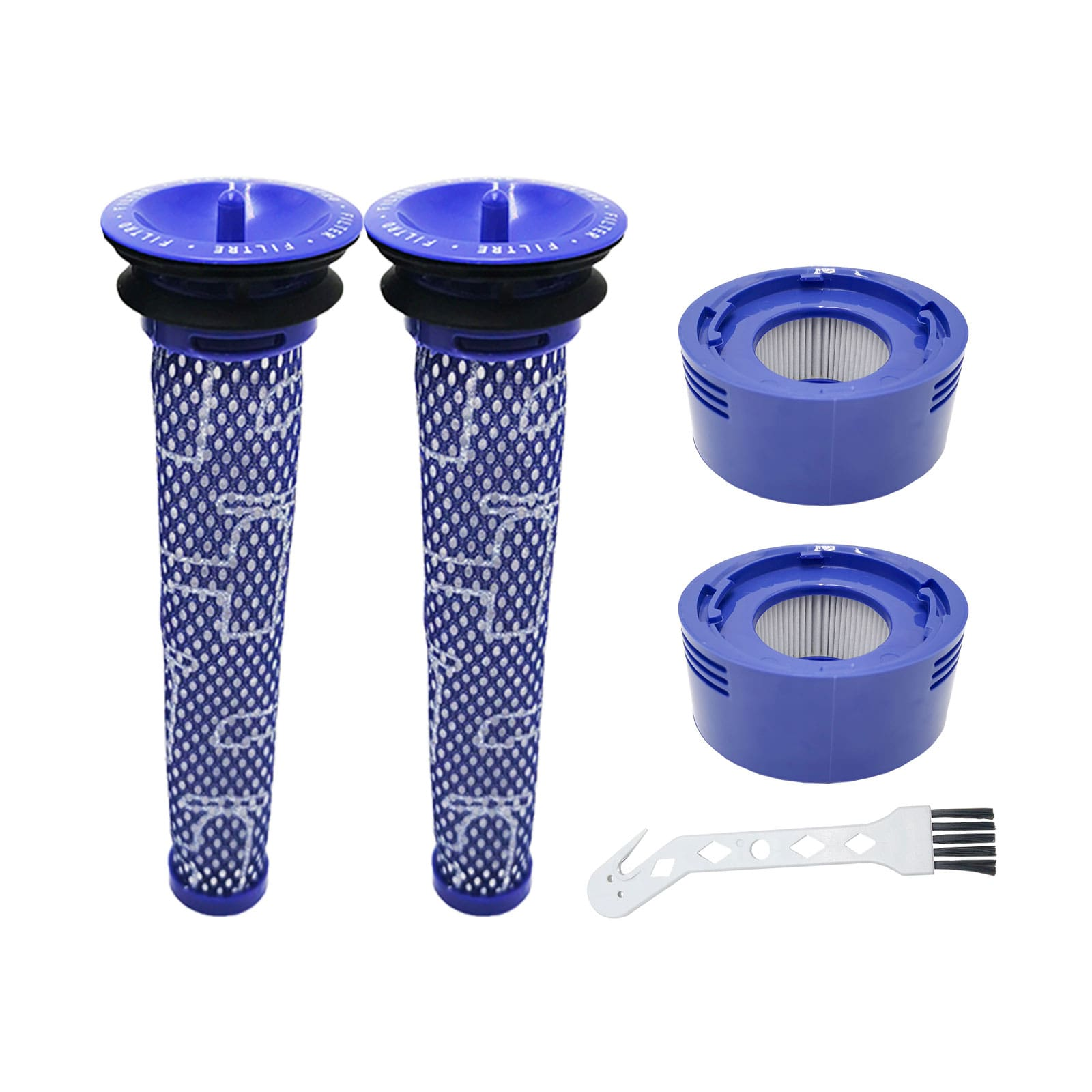 Zwei blaue Staubsaugerfilter und ein Reinigungsbürstenwerkzeug auf weißem Hintergrund.