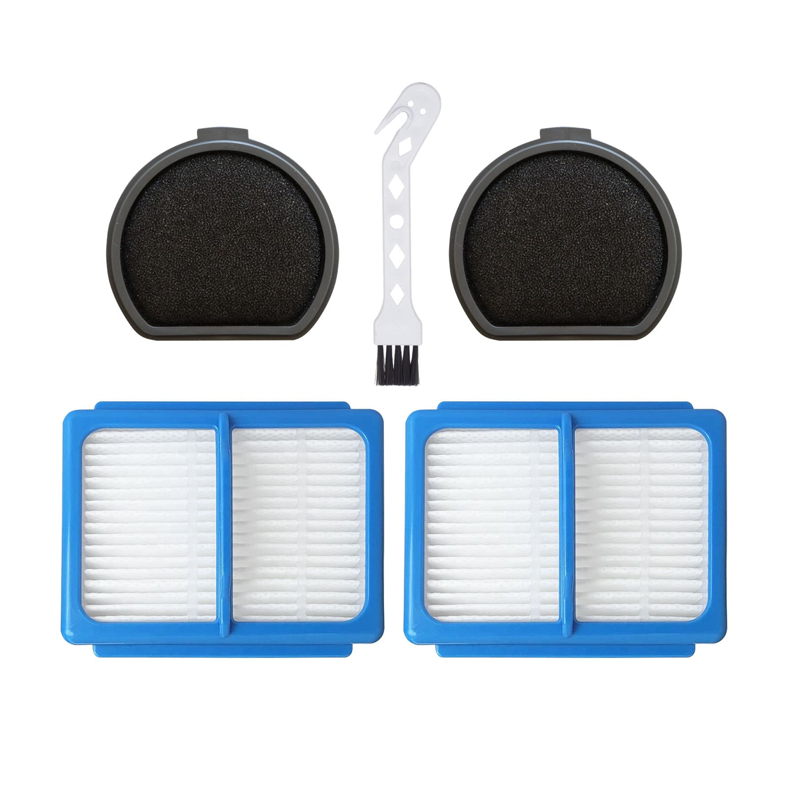 Zwei blaue und weiße Staubsaugerfilter und ein weißer Reinigungsbürstenaufsatz.