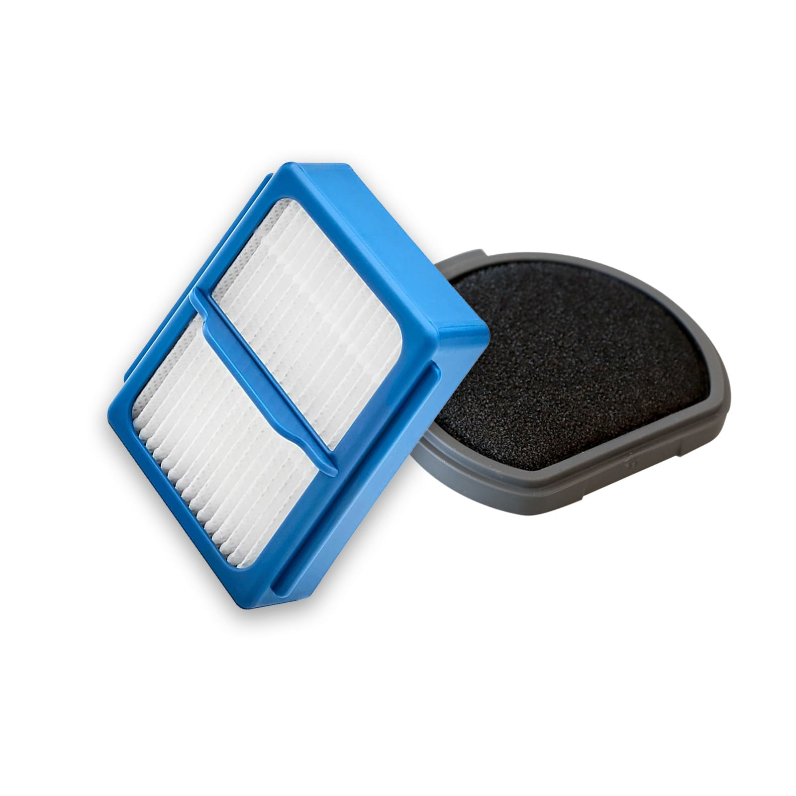 Ein blauer und ein grauer Filter für einen Staubsauger.