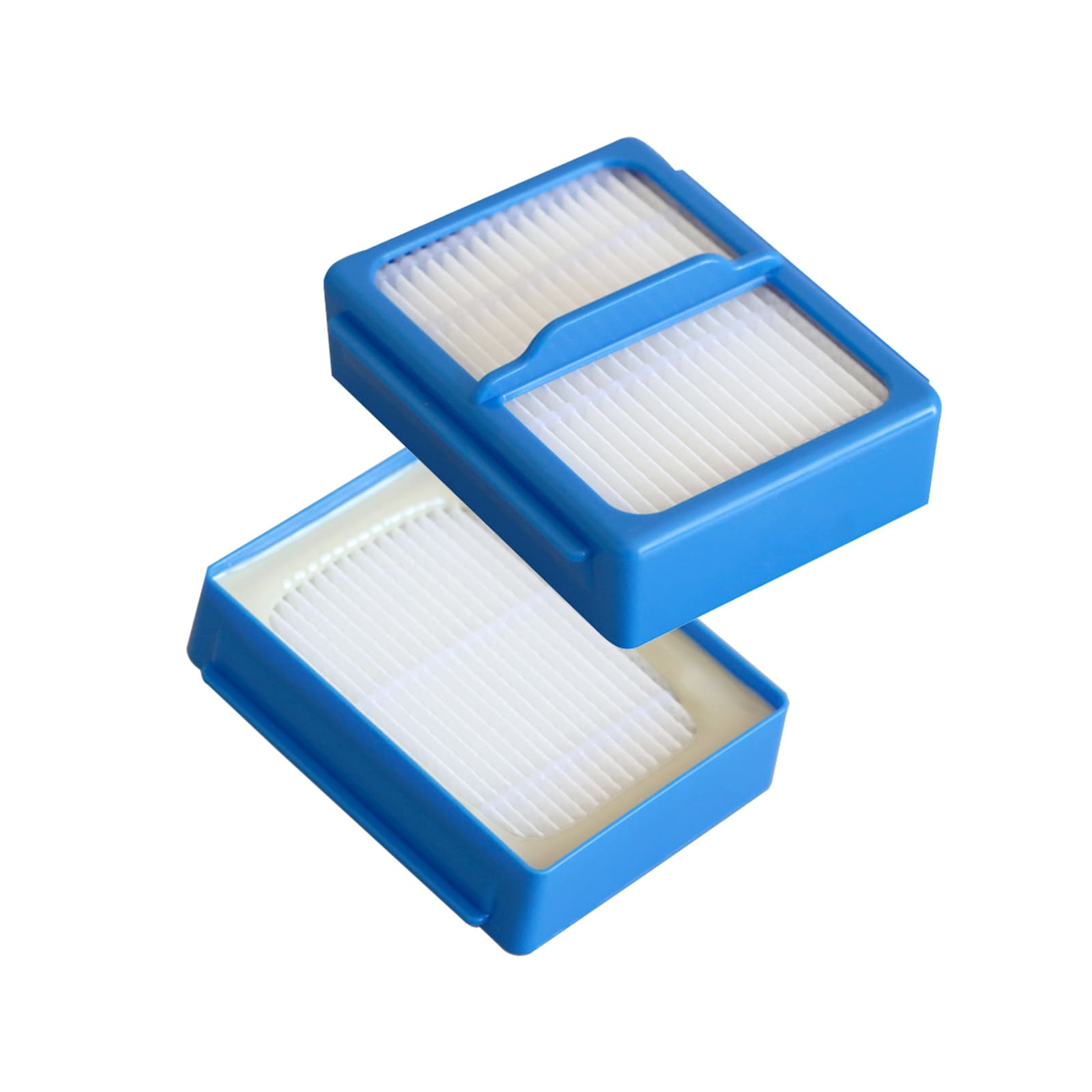 Zwei blaue rechteckige Filter mit weißen, gefalteten Filtermaterialien.