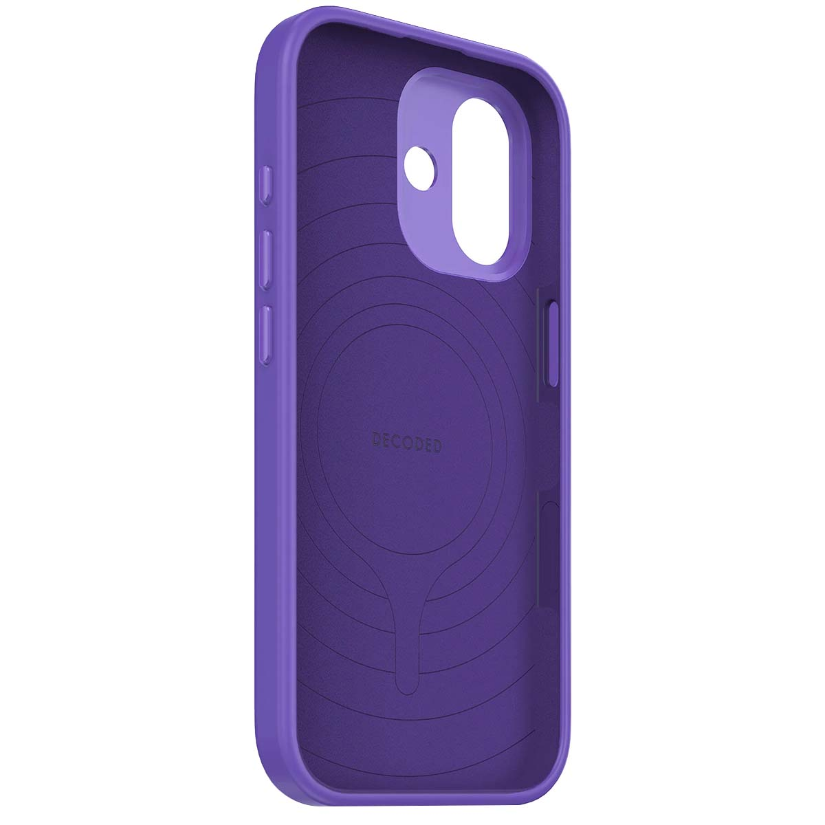 Custodia viola per telefono con interno scanalato e logo DECODED.
