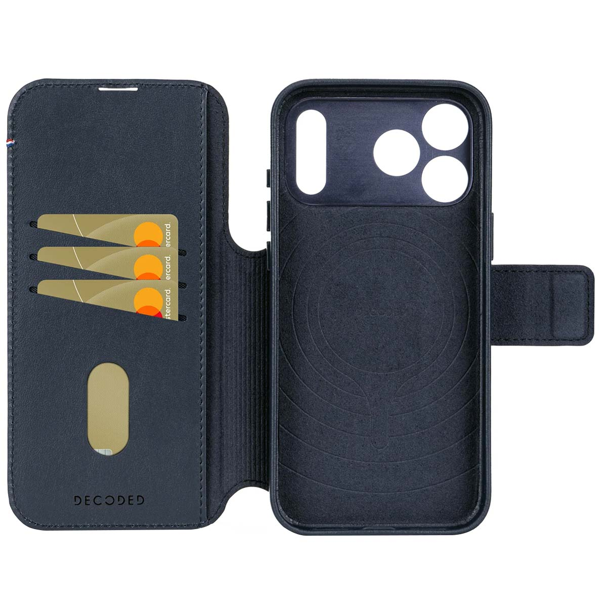 Dunkelblauer Handyhülle mit Kartenfächern und Mastercard-Logos.