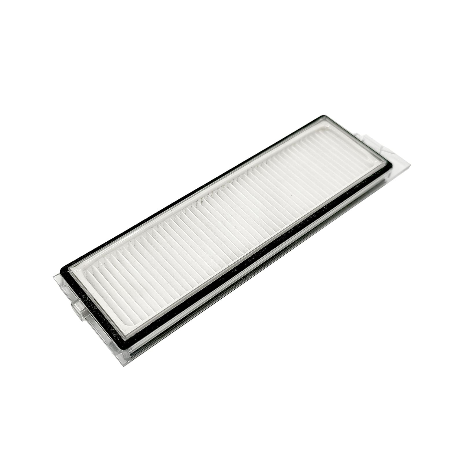 Ein weißer Staubsaugerfilter mit Falten und schwarzem Rahmen.