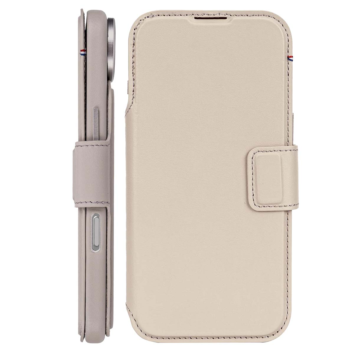 Una custodia per telefono in pelle beige con chiusura magnetica. Mostra viste frontali e laterali.