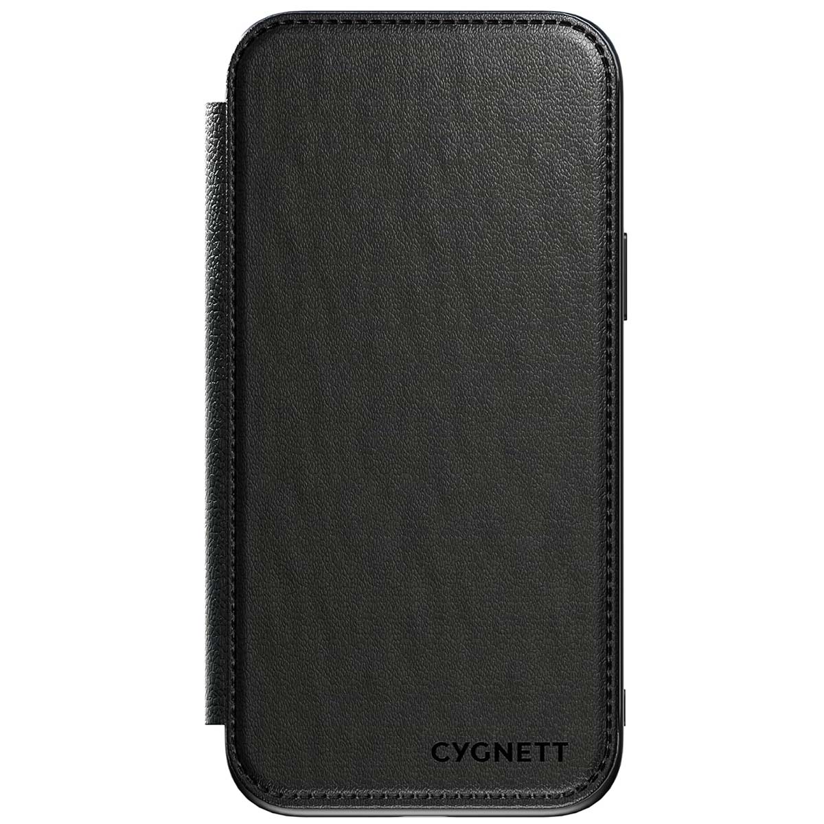 Custodia a libro in pelle nera con logo Cygnett in rilievo.