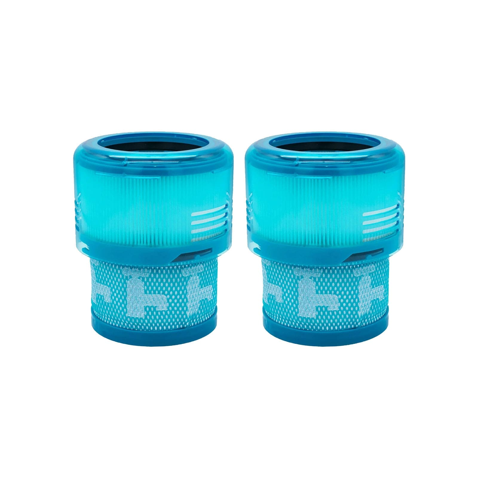 Zwei blaue Vakuumfilter mit durchsichtigem Gehäuse und feinen Falten.