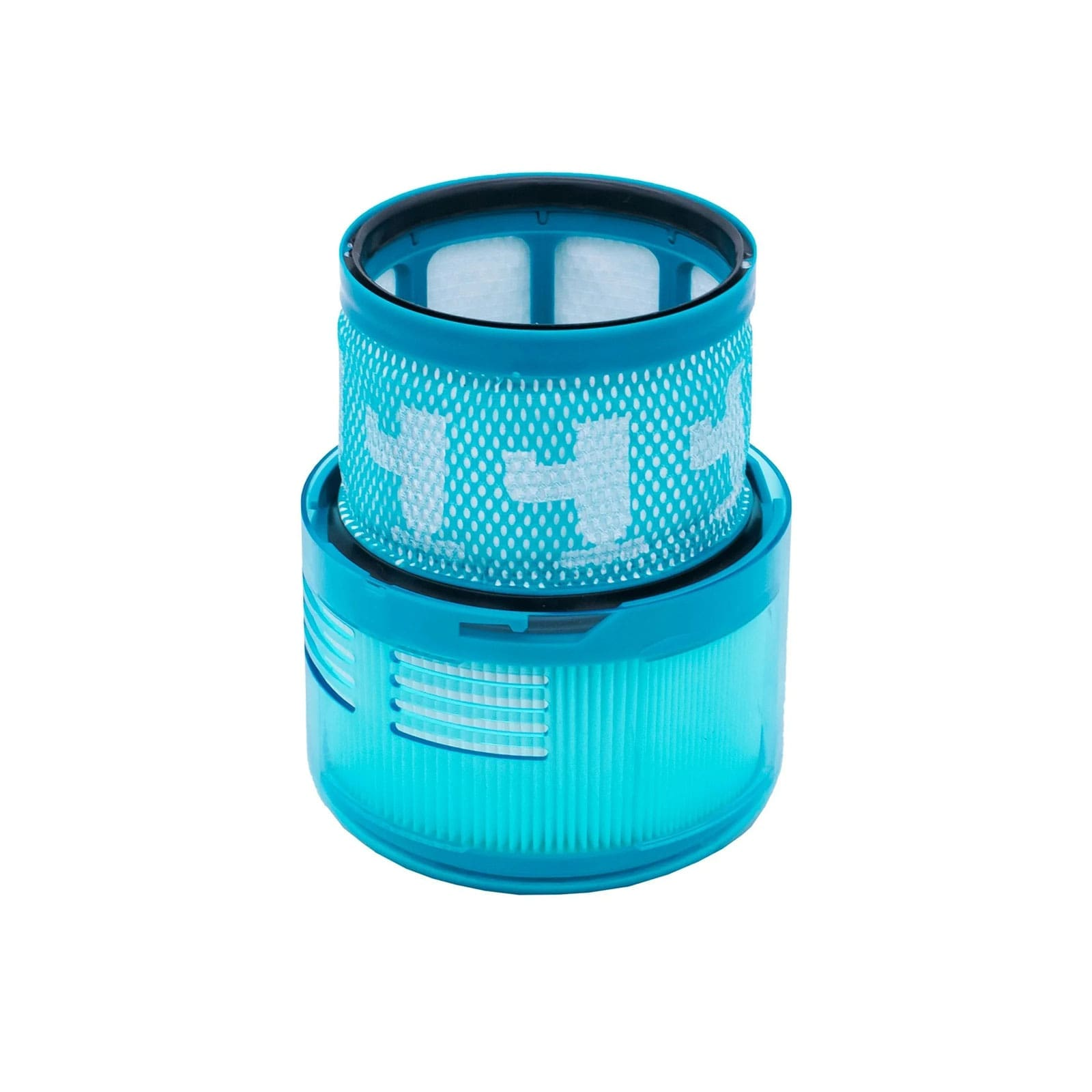 Ein blauer Vakuumfilter mit feinen Rillen und einem Netzmuster.