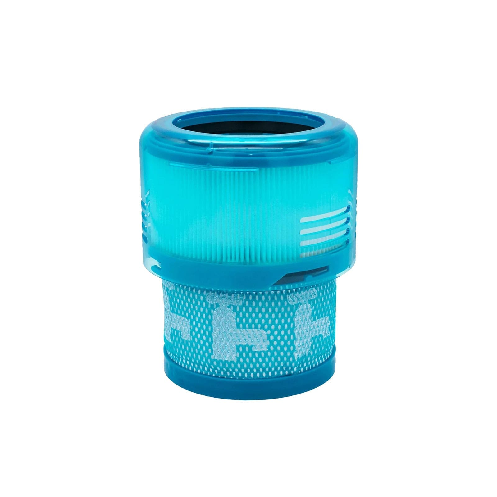 Ein blauer Vakuumfilter mit sichtbaren Lamellen und einem Gittermuster.