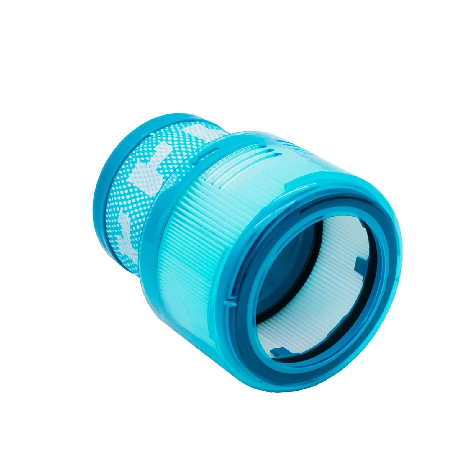 Ein blauer Staubsaugerfilter mit weißen Mustern und Falten.
