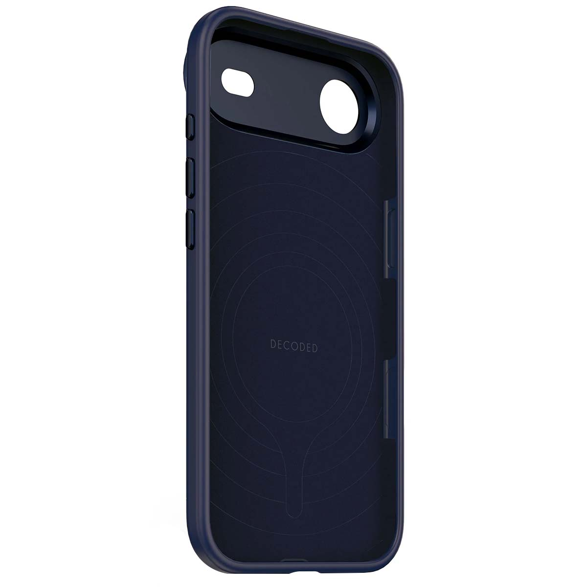 Custodia blu scuro per telefono con ritagli per fotocamera e pulsanti.