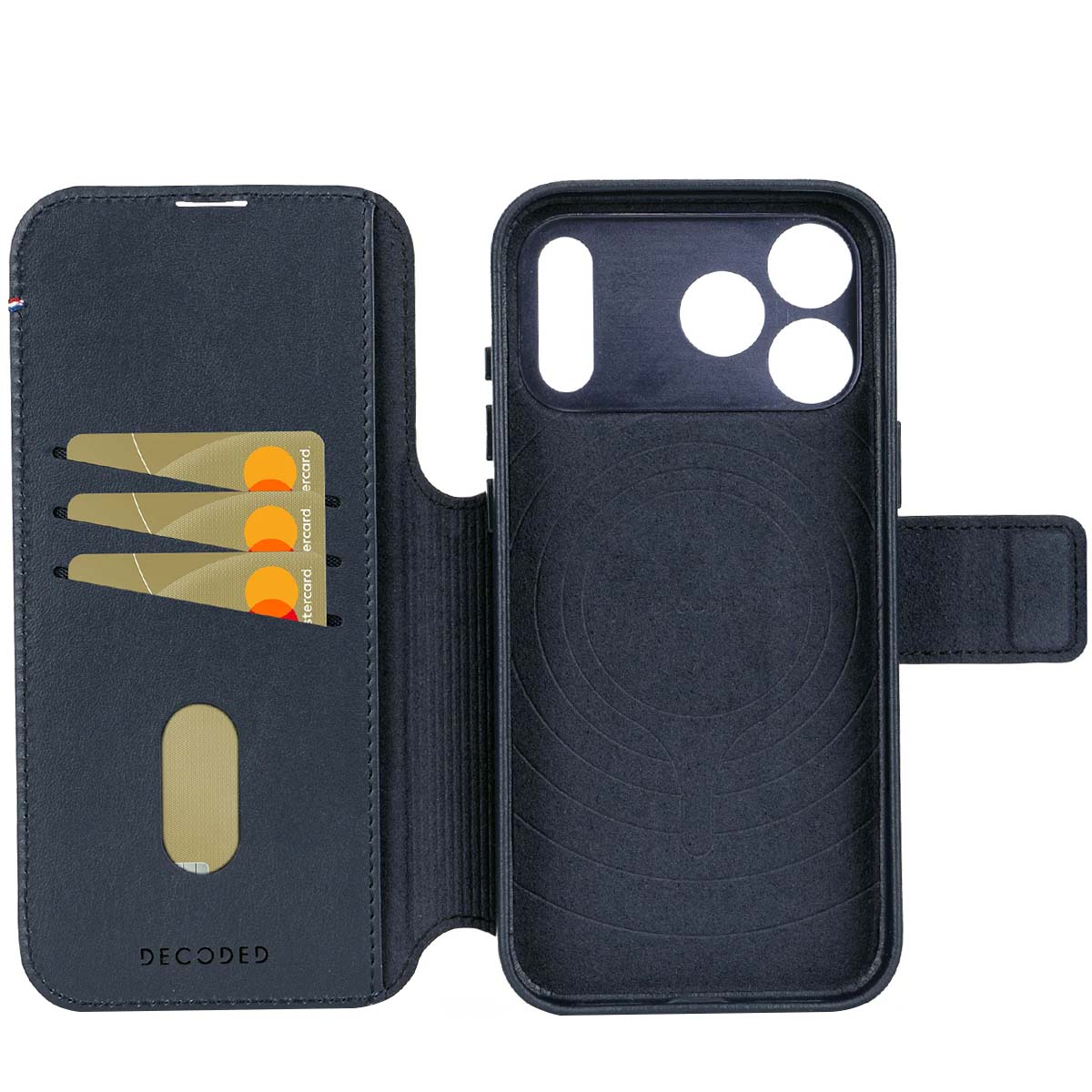 Custodia per telefono blu scuro con tre slot per carte e una tasca.
