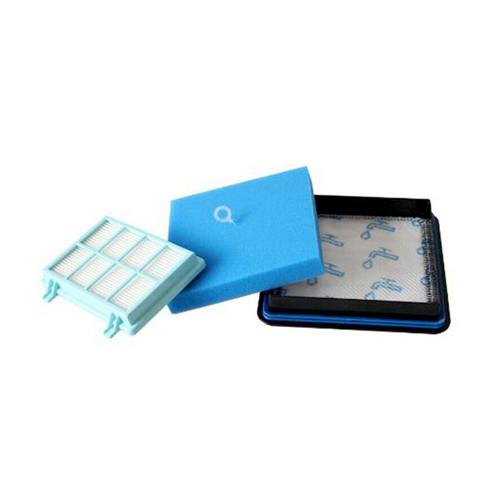 Ein blauer Schaumstofffilter und ein weißer Gitterfilter für Staubsauger.