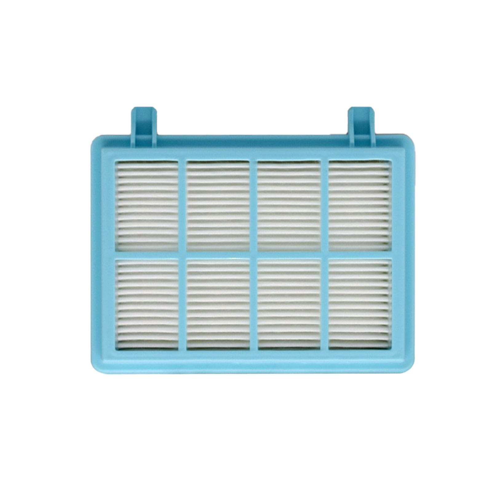 Ein rechteckiger blauer Staubsaugerfilter mit acht weißen Lamellenabschnitten.