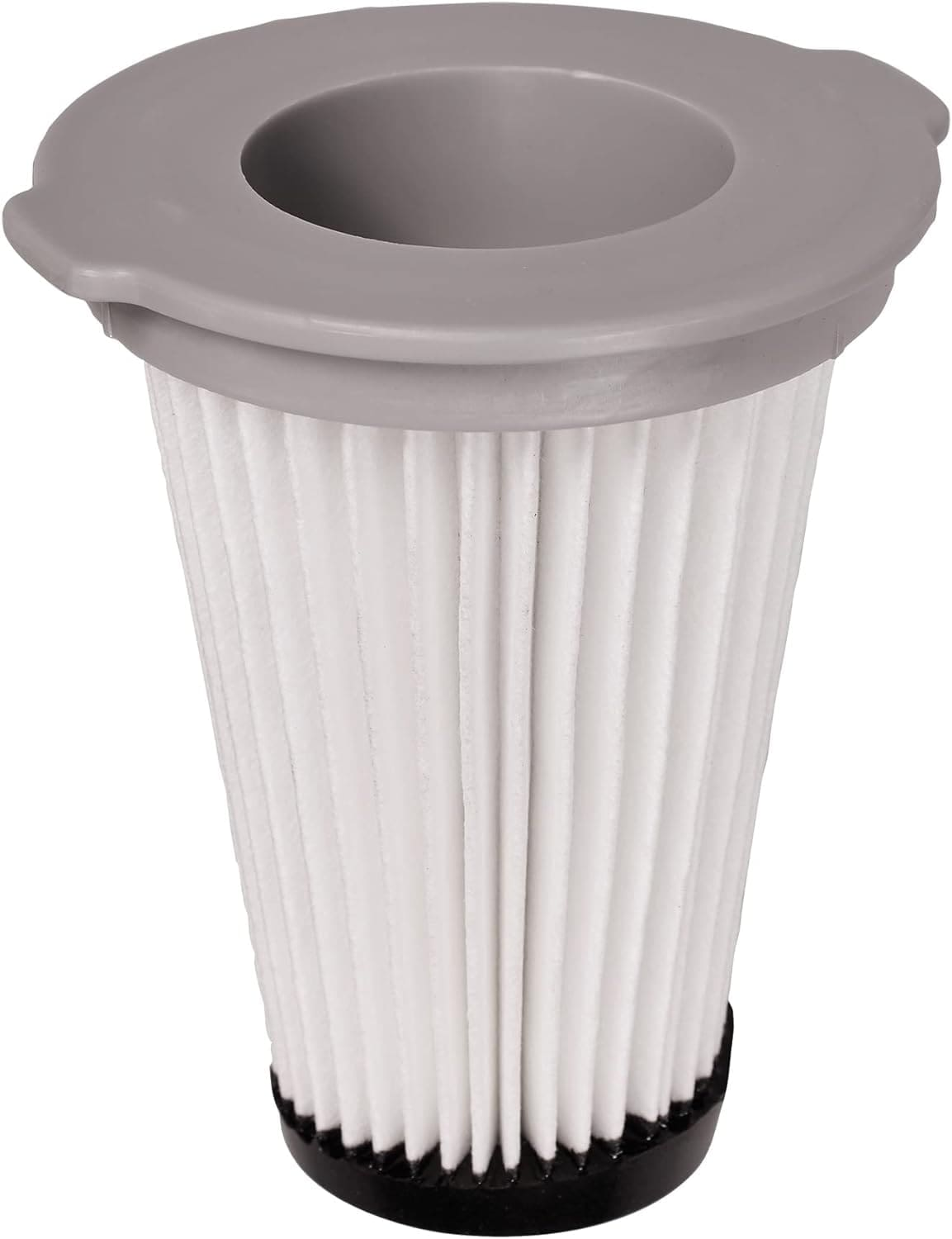 Ein weißer Faltenfilter mit grauem Oberteil und schwarzem Boden.