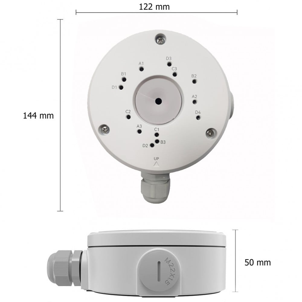 Support rond blanc avec étiquettes et passe-câble. Dimensions : 122x144x50mm.
