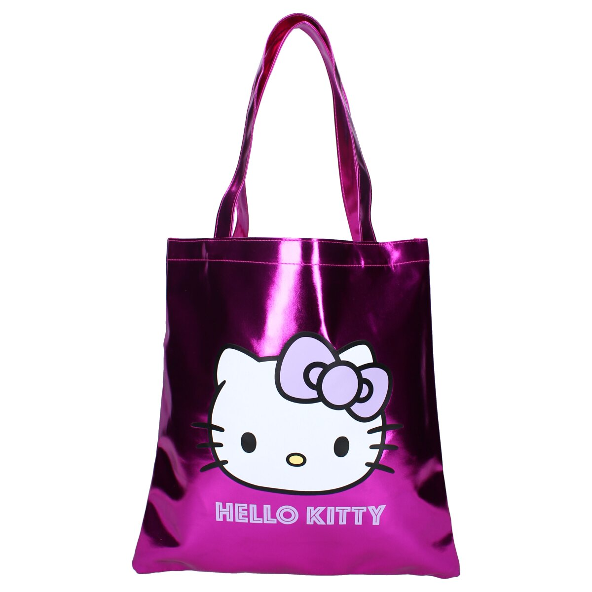 A shiny, pink Hello Kitty tote bag with handles.