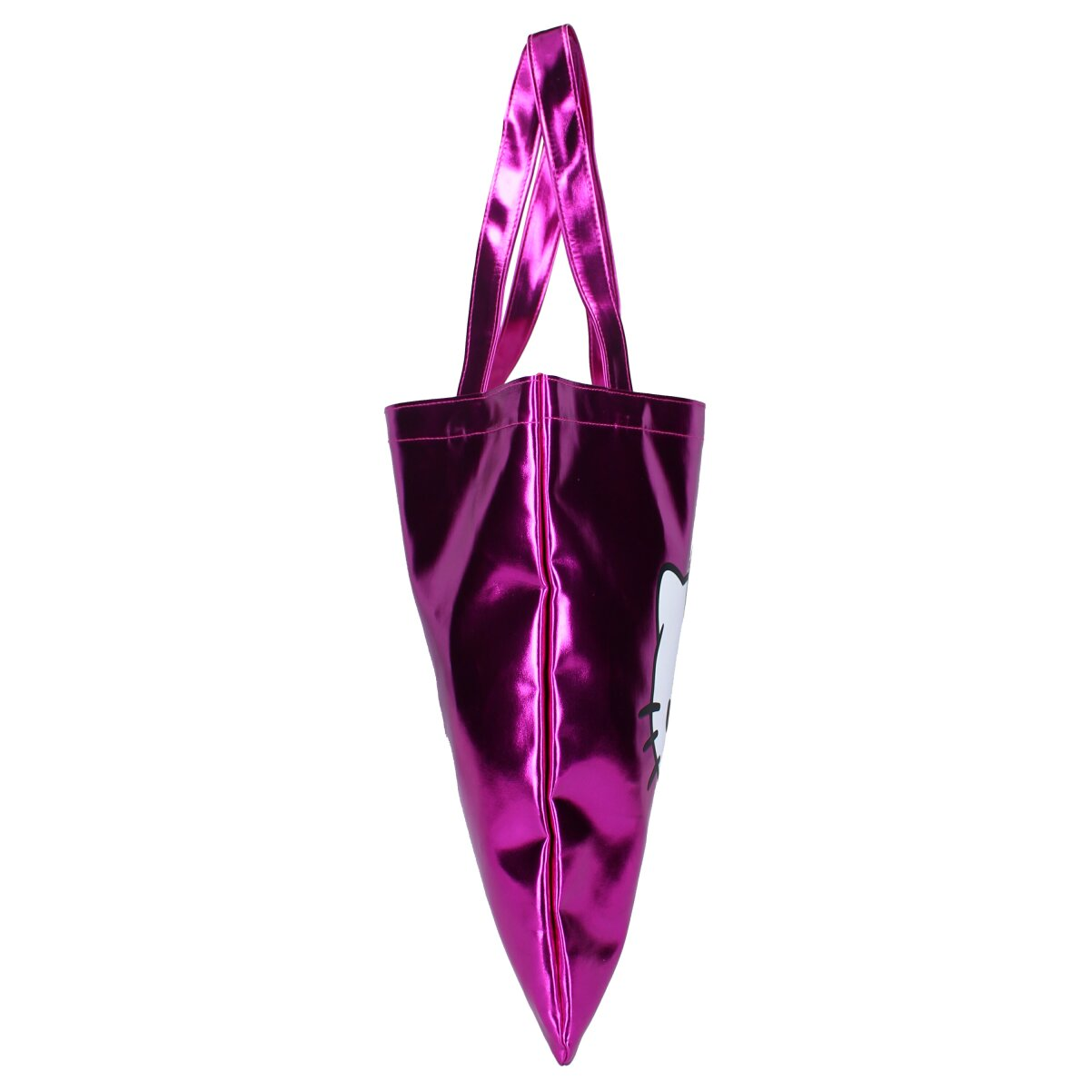 A shiny, pink tote bag with handles and a white character face on its side.