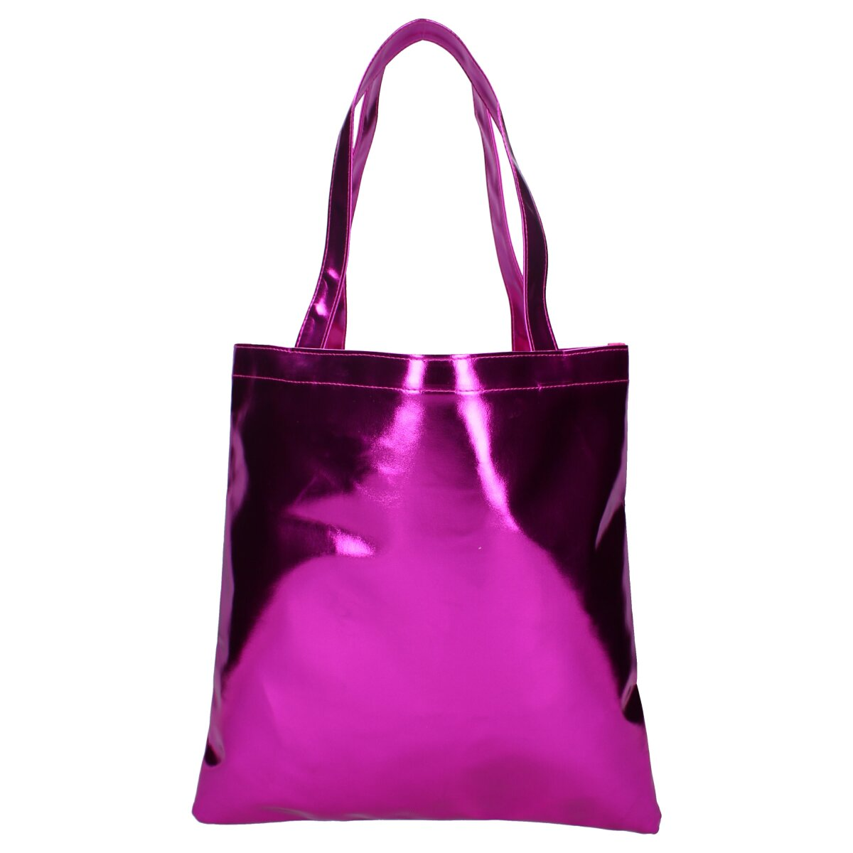 A shiny, pink tote bag with two handles, isolated on a white background.