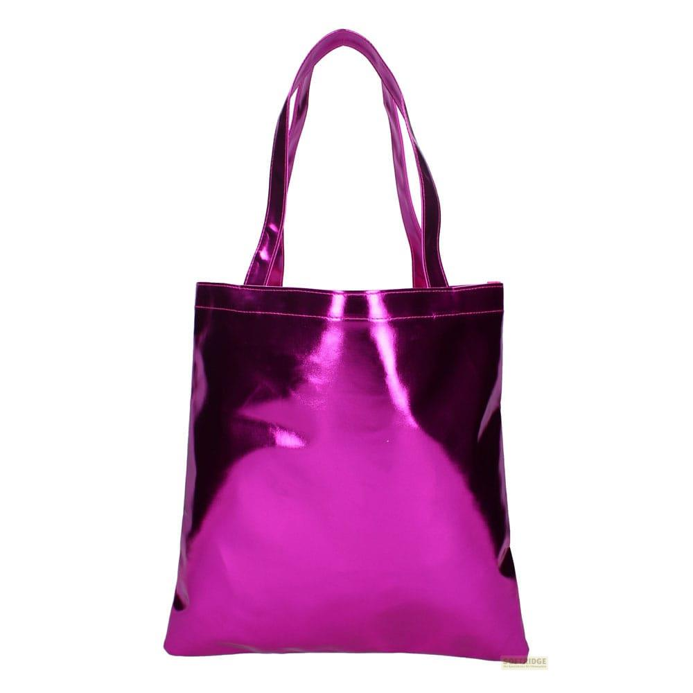 A shiny, pink tote bag with two handles, isolated on a white background.