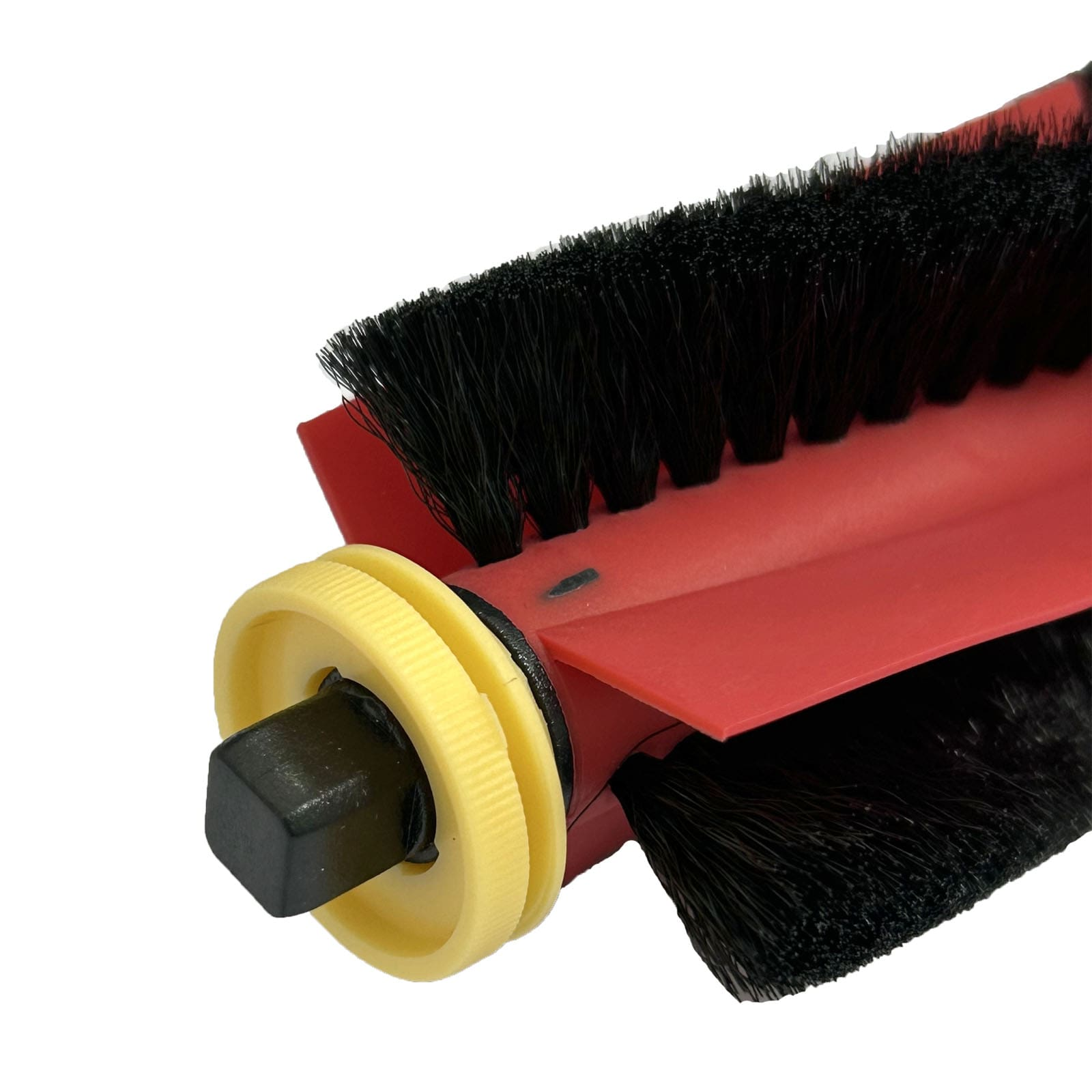 Rote Bürste mit schwarzen Borsten und gelben Rädern.