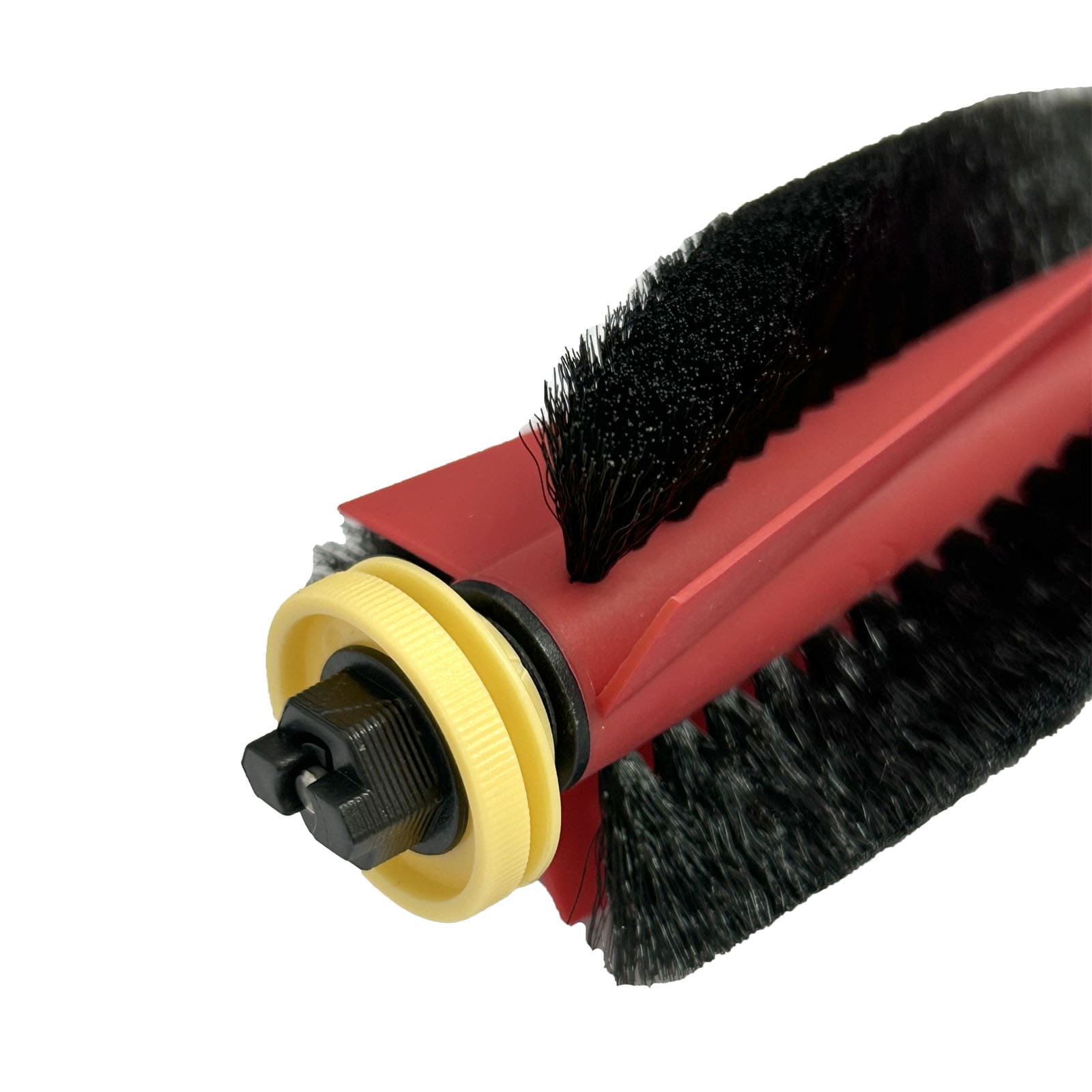 Ein roter Hauptbürstenkopf mit schwarzen Borsten und gelben Zahnrädern.